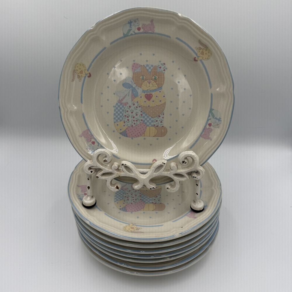 Set of (8) Tienshan CALICO CAT Vtg 90s Stoneware Salad Plates Cottagecore Pastel